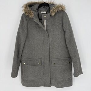 J. CREW‎ MERCANTILE VAIL PARKA COAT HEATHER GREY FAUX FUR HOOD WOOL BLEND SIZE 6